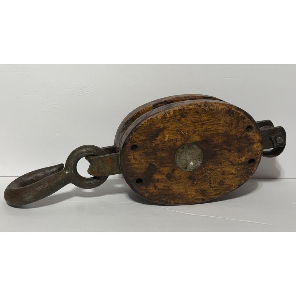 Antique Boston & Lockport Block Tackle Star Logo Wood Iron Barn Farm Pulley Lg
